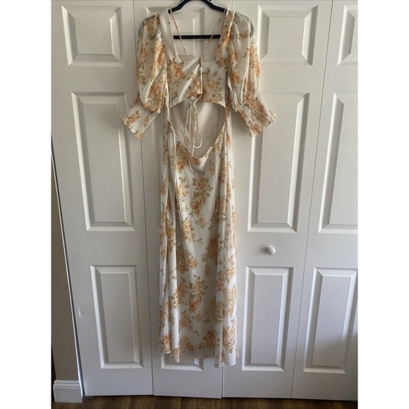 Luxxel Floral Open Back Maxi Dress Size Large Orange Cream Puff Sleeve Chiffon - Picture 5 of 7